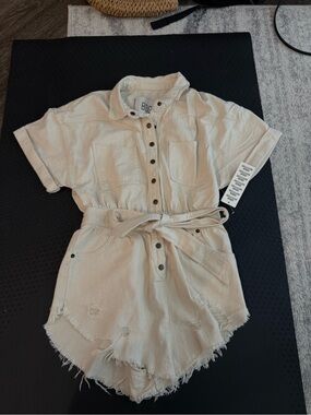 Urban Outfitters BDG Light Beige Button-Front Worker Denim Romper with Tie Waist